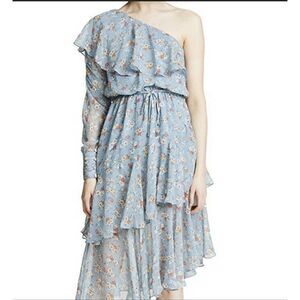 Anthropologie Valencia and vine one shoulder floral tiered blue flowy dress XS